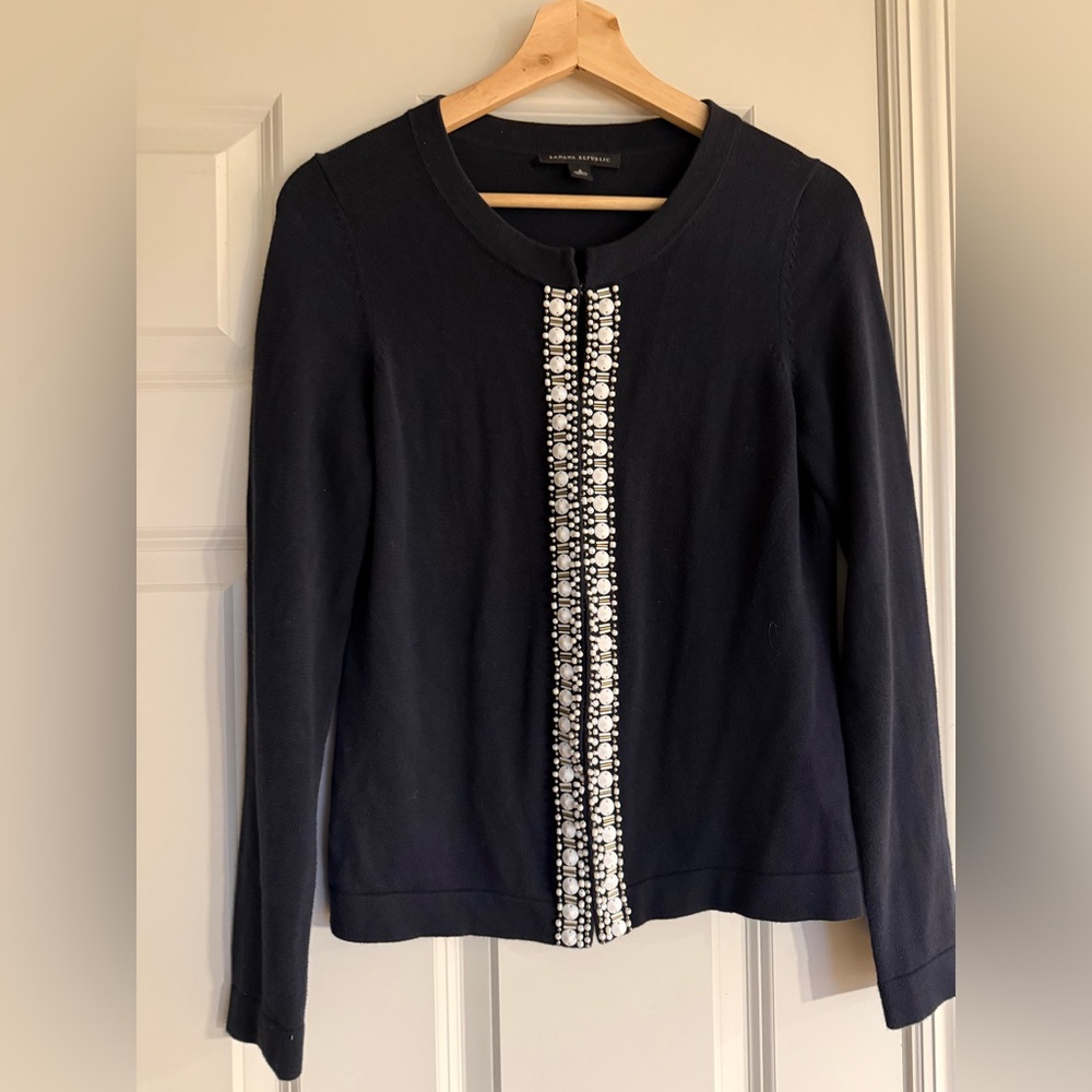 Banana Republic 100% cotton beaded front cardigan hook & eye closure, dark navy